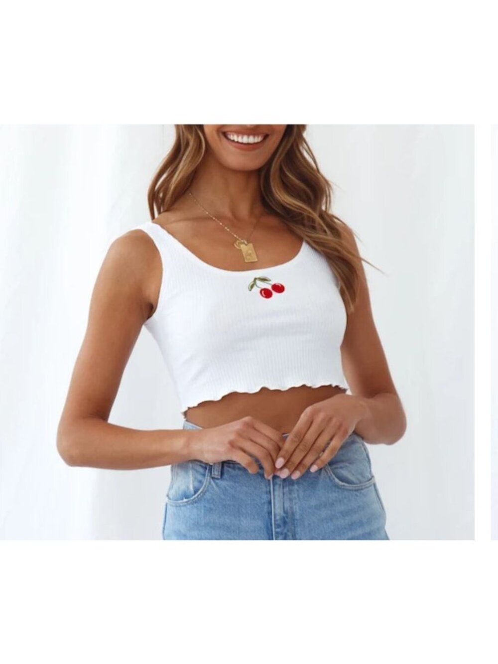 Women's Small Embroidered Cherry Ripe White Crop Lettuce Hem Tank top
